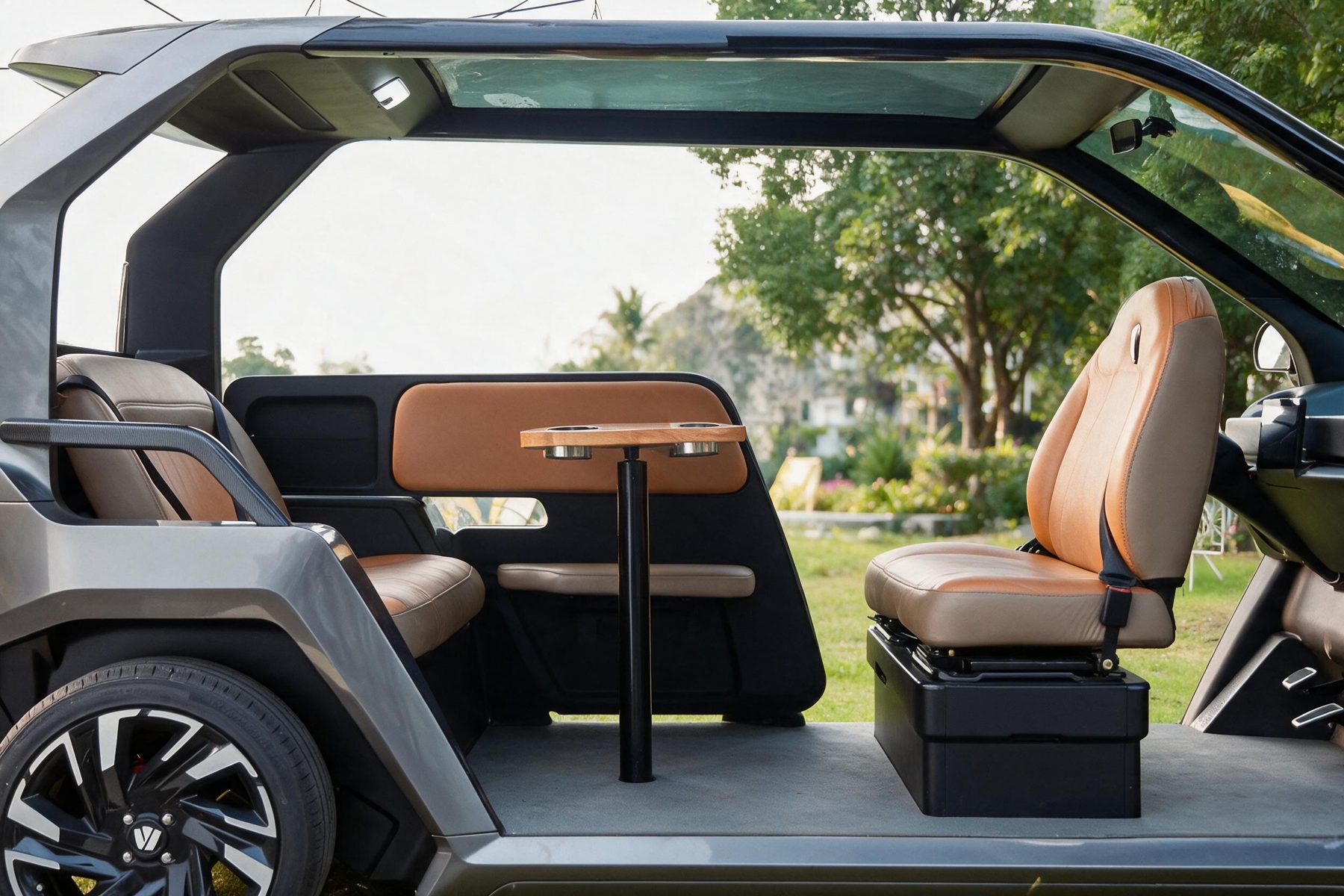 WANYU ONE, voiturette de golf électrique à cinq places — Habitacle lounge avec sièges face à face et table