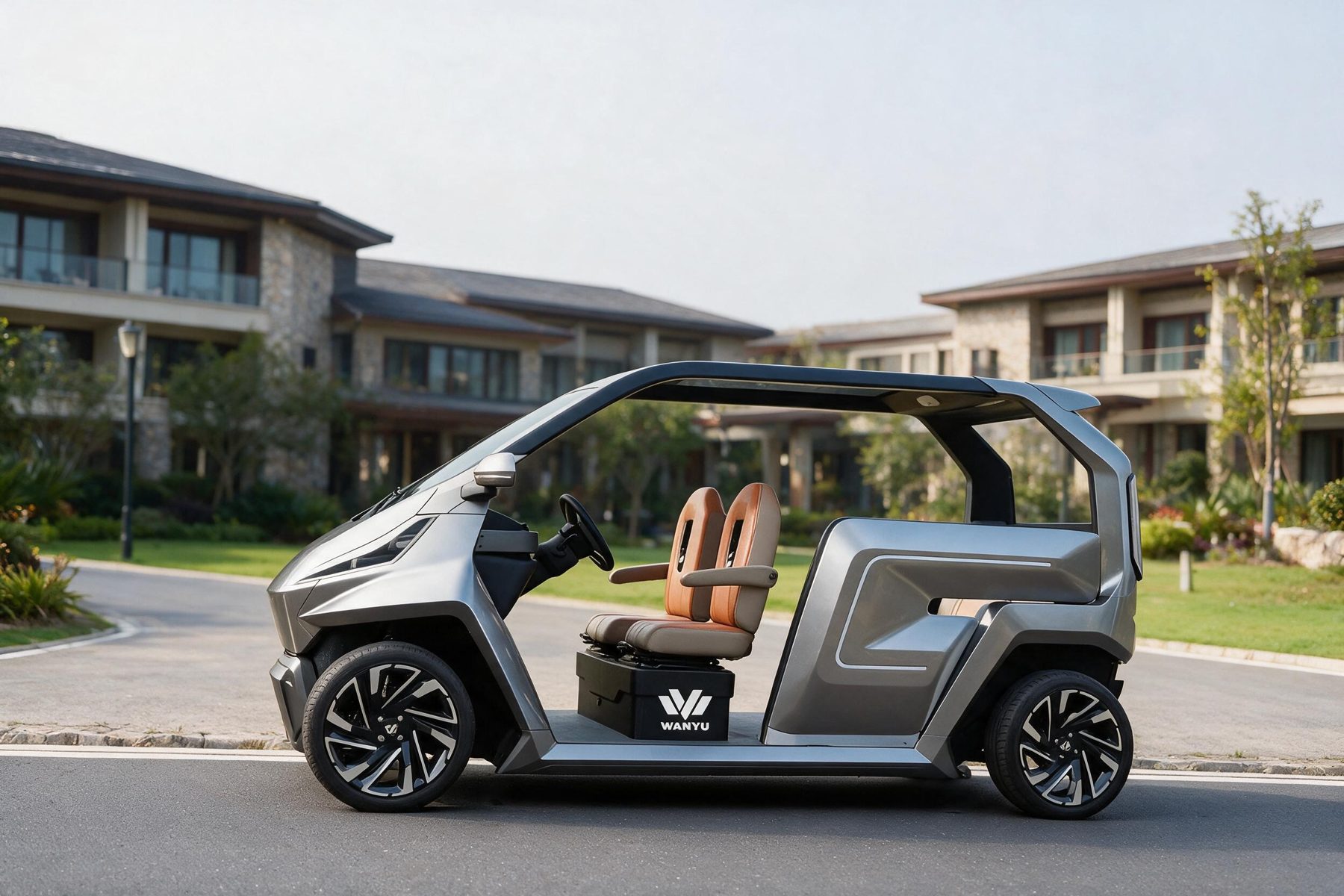 WANYU ONE, voiturette de golf électrique à cinq places — Vue arrière trois-quarts dans un resort